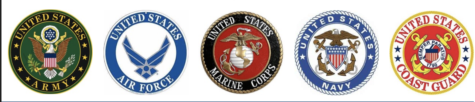 Emblems of the United States Army, Air Force, Marine Corps, Navy, and Coast Guard